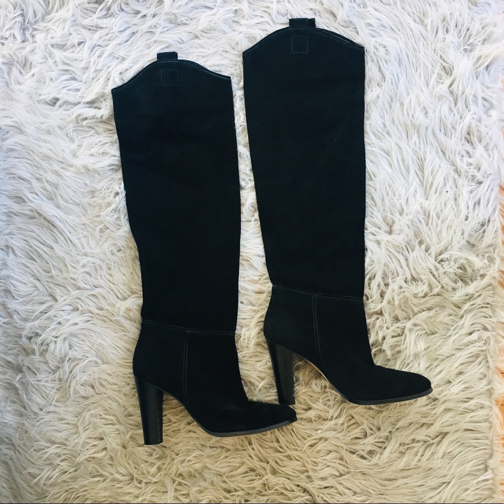 J Crew Black Suede Over the knee boots heels